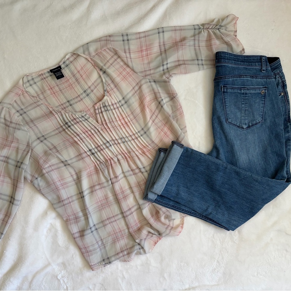 Torrid Sheer Pink and Gray Plaid Peasant Blouse, Size Torrid 1